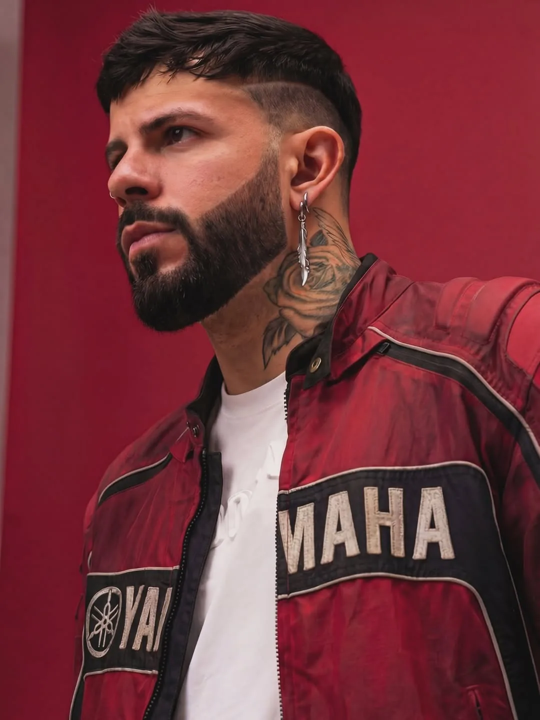 HIDEKI con chaqueta Yamaha roja