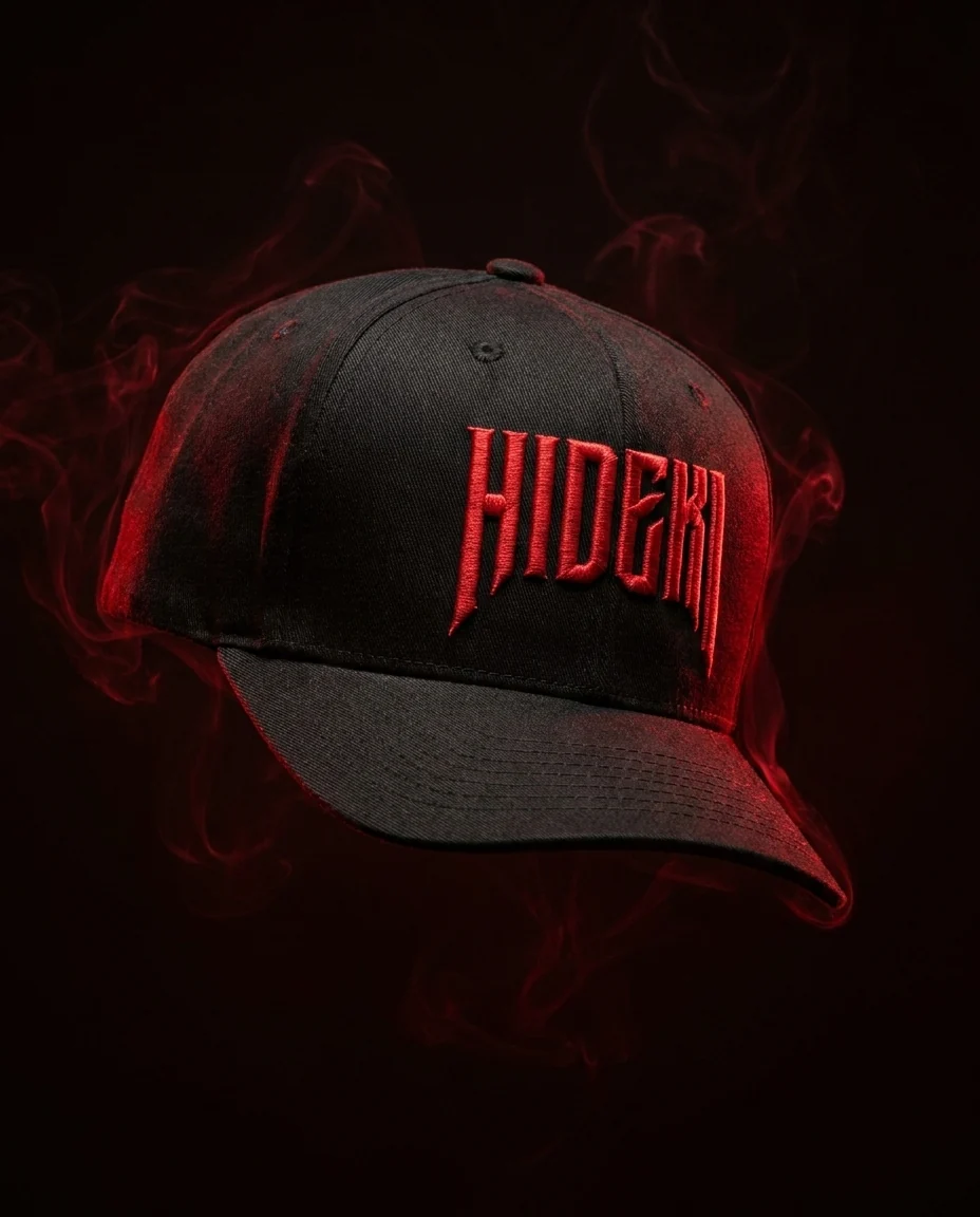 Gorra negra HIDEKI con logo bordado en rojo, colección HDK Wear Drop 001