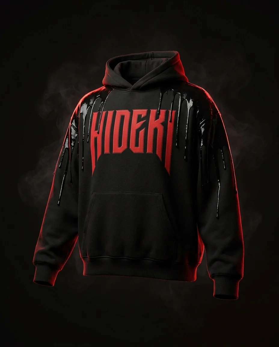 Sudadera con capucha negra HIDEKI, logo rojo y goteo de tinta negra, colección HDK Wear Drop 001