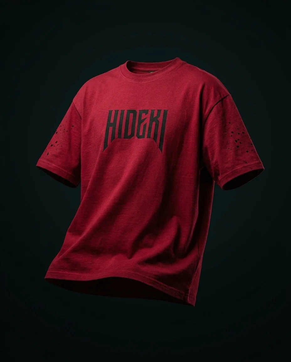 Camiseta roja oversize HIDEKI con logo negro y salpicaduras en las mangas, colección HDK Wear Drop 001