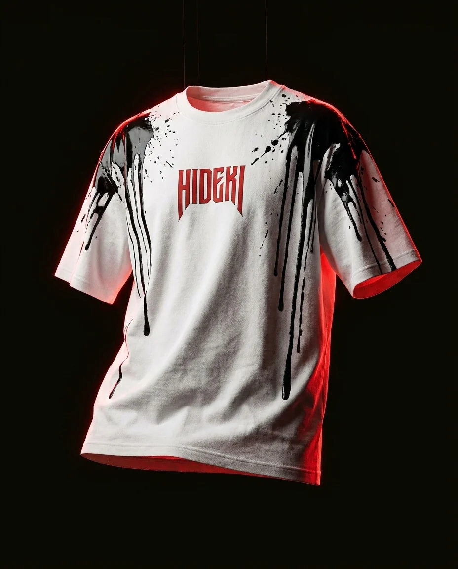 Camiseta blanca oversize HIDEKI con tinta negra derramada, colección HDK Wear Drop 001