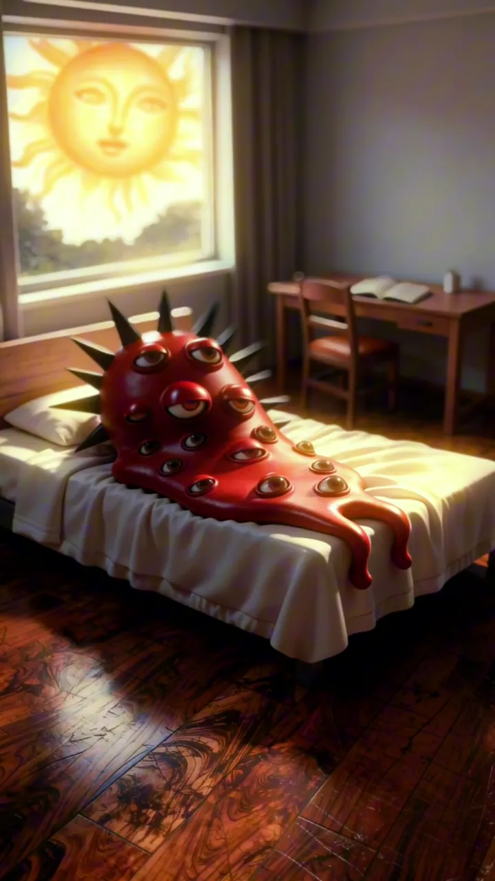 Fotograma del vídeo STRGR Capítulo 1: una criatura roja con pinchos y muchos ojos sobre una cama