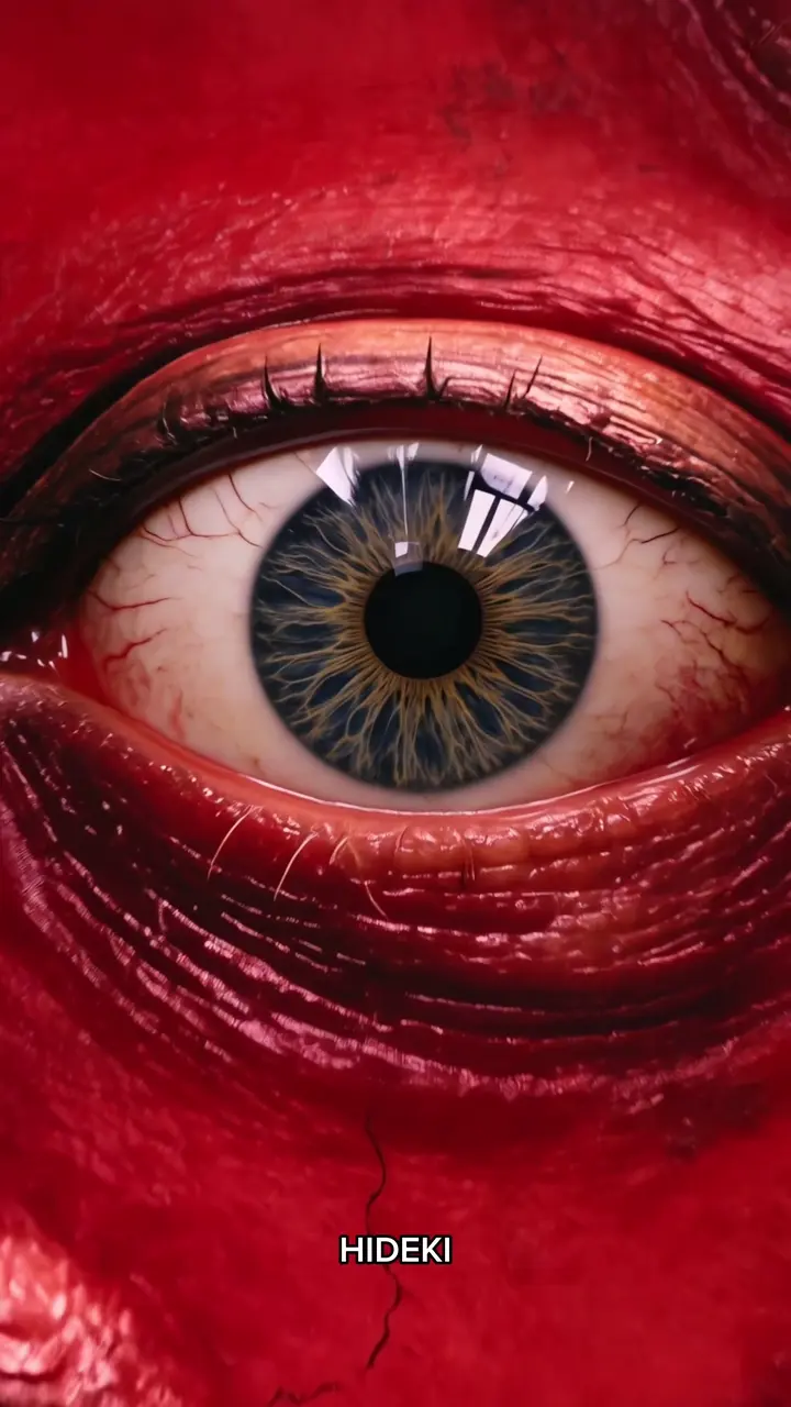 Fotograma del vídeo de HIDEKI: un ojo enorme sobre un rostro rojo